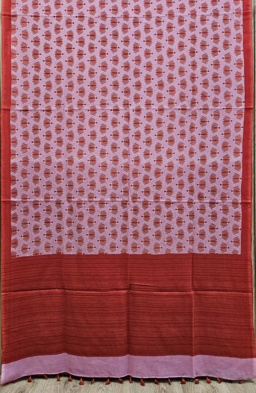 Pink & Red Handloom Finest Mul Printed Cotton Saree Balaram Saha