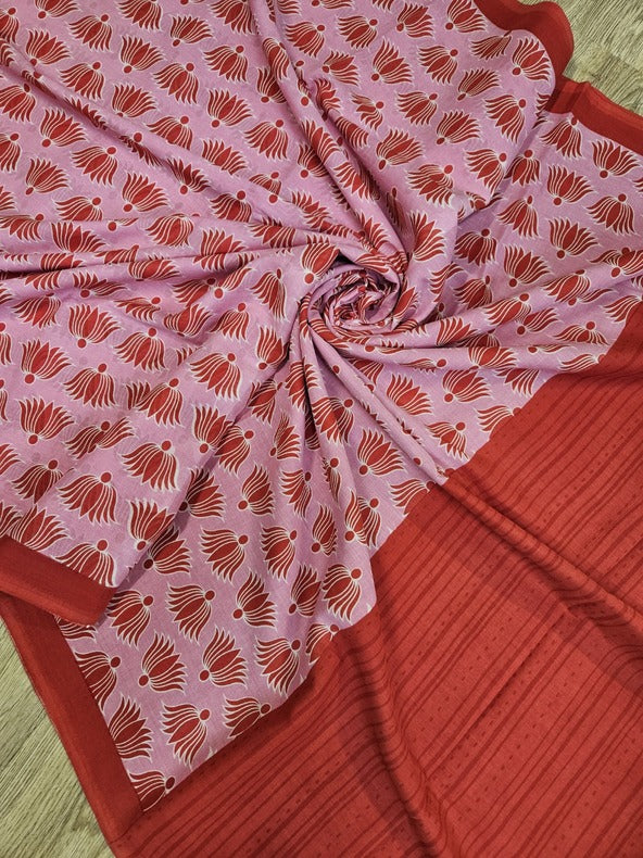 Pink & Red Handloom Finest Mul Printed Cotton Saree Balaram Saha