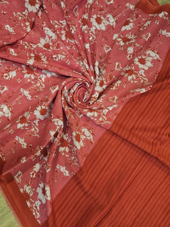 Brown/White Handloom Finest Mul Printed Cotton Saree Balaram Saha