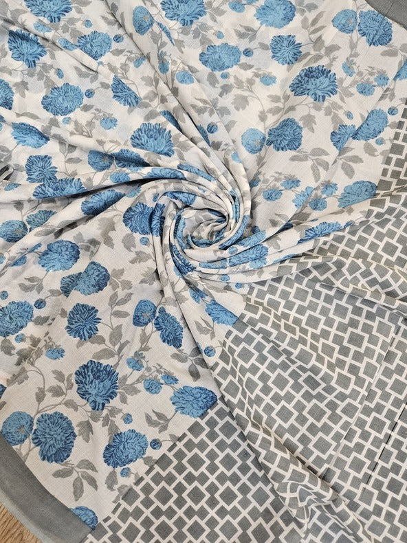 White & Blue Handloom Finest Mul Print Cotton Saree Balaram Saha