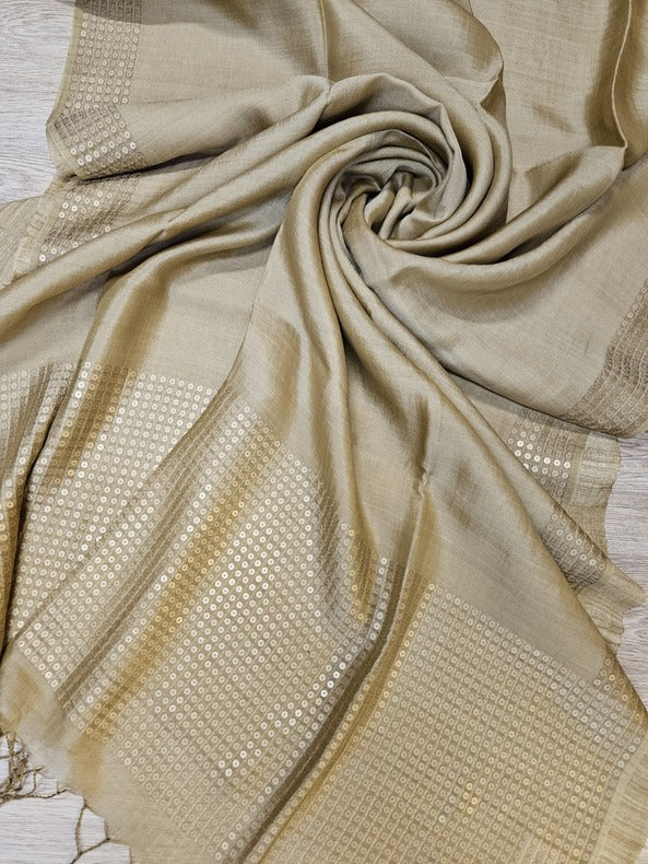 Beige Premium Handloom Pure Silk Saree with Sequin Woven Balaram Saha