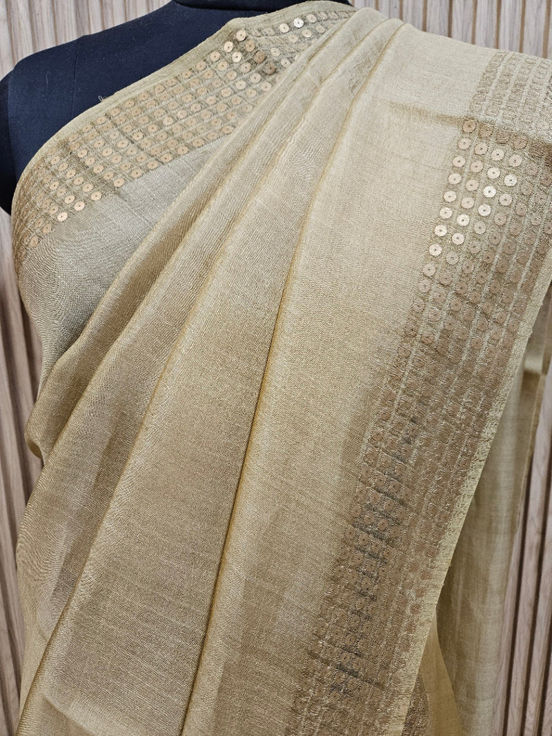 Beige Premium Handloom Pure Silk Saree with Sequin Woven Balaram Saha