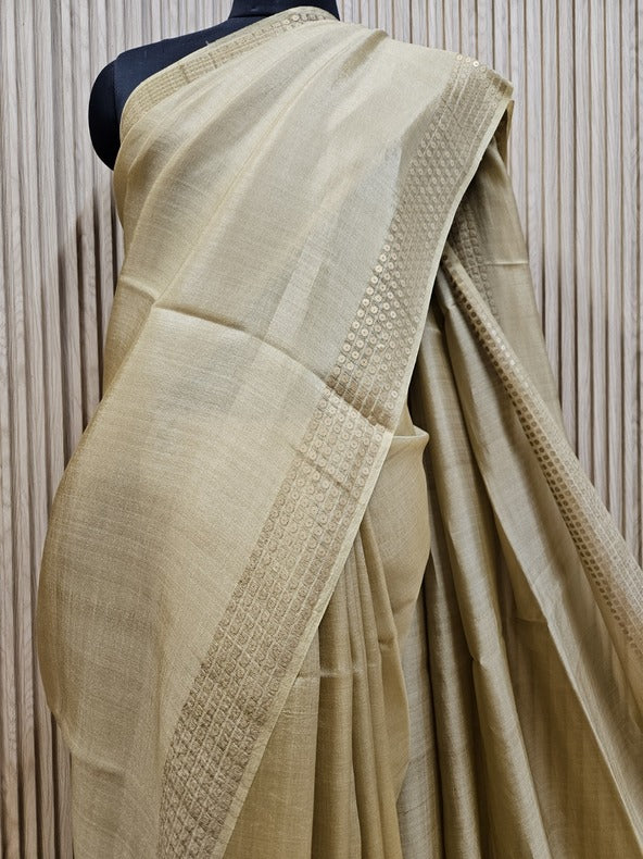 Beige Premium Handloom Pure Silk Saree with Sequin Woven Balaram Saha