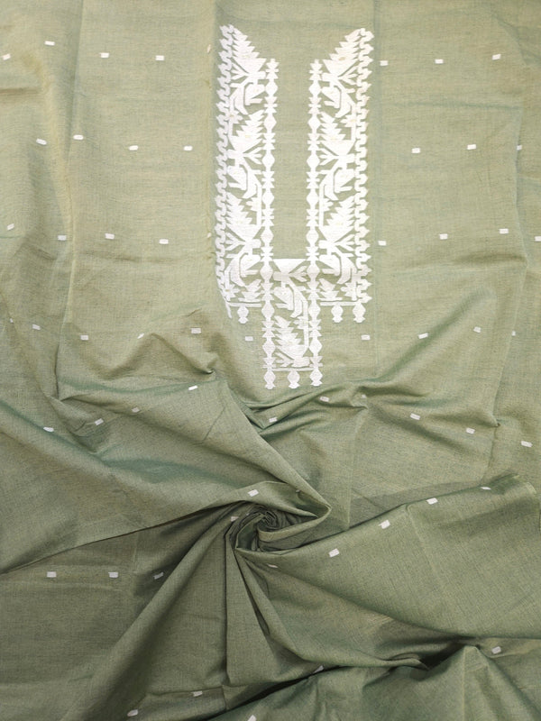 Green & White Zari Weave Handwoven Cotton Jamdani Unisex Kurta Unstitch Piece Balaram Saha