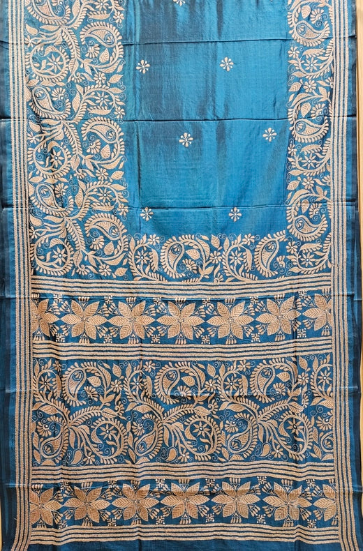 Balaram Saha’s Elegant Royal Blue Kantha Silk Saree – Handstitched Perfection Balaram Saha