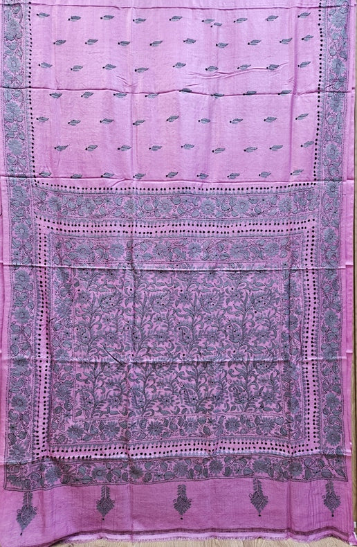 Timeless Beauty: Pink Handloom Hand Embroidered Tussar Silk Saree by Balaram Saha Balaram Saha