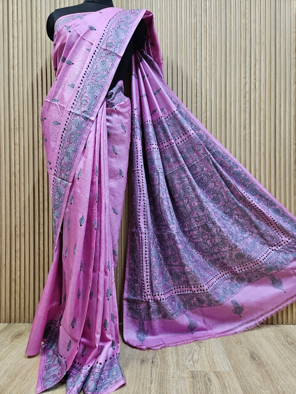 Timeless Beauty: Pink Handloom Hand Embroidered Tussar Silk Saree by Balaram Saha Balaram Saha