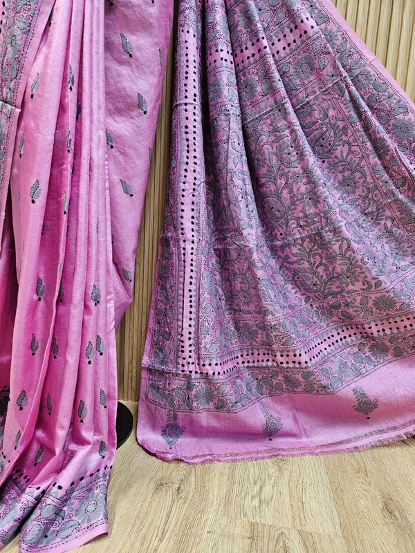 Timeless Beauty: Pink Handloom Hand Embroidered Tussar Silk Saree by Balaram Saha Balaram Saha