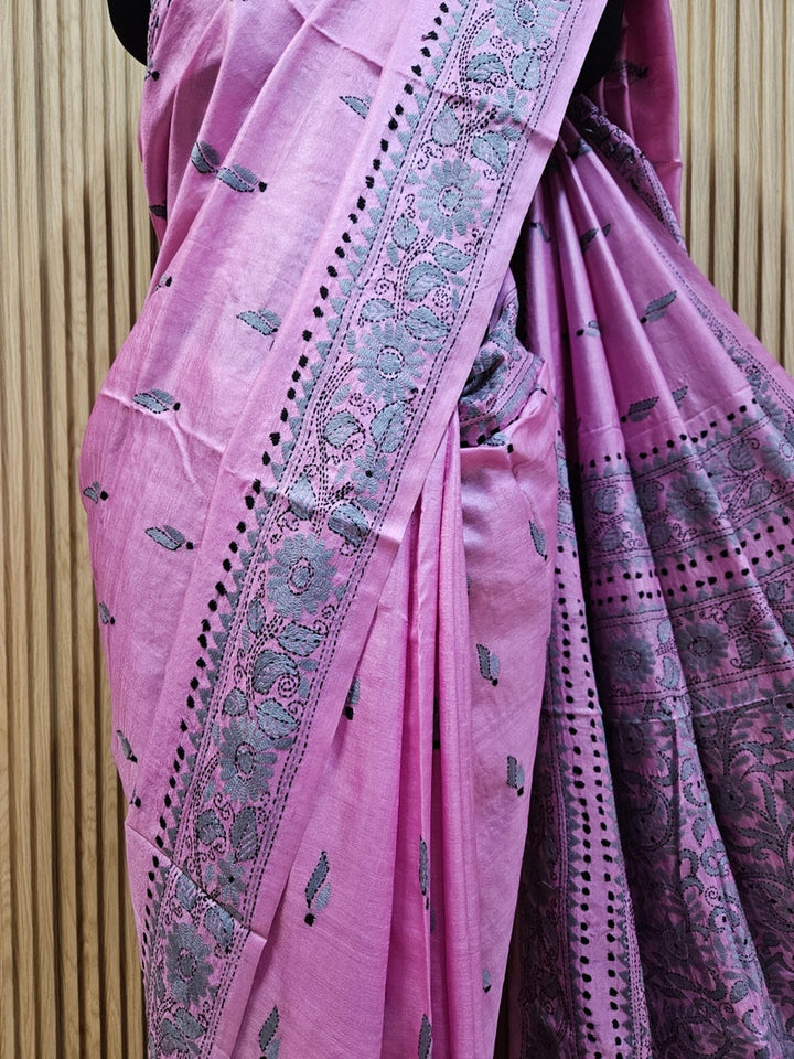 Timeless Beauty: Pink Handloom Hand Embroidered Tussar Silk Saree by Balaram Saha Balaram Saha