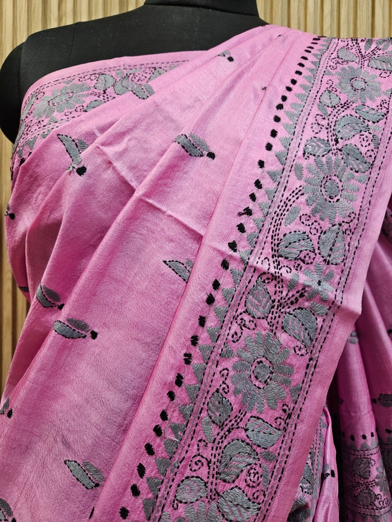 Timeless Beauty: Pink Handloom Hand Embroidered Tussar Silk Saree by Balaram Saha Balaram Saha
