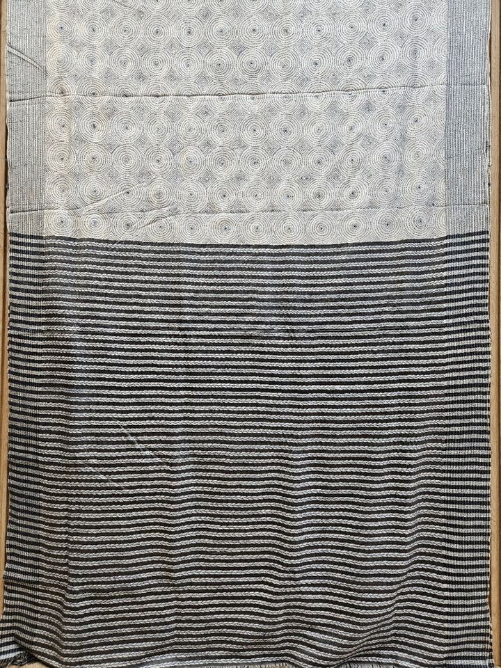 Exquisite White & Grey Pure Katan Silk Saree with Intricate Kantha Stitch by Balaram Saha Balaram Saha