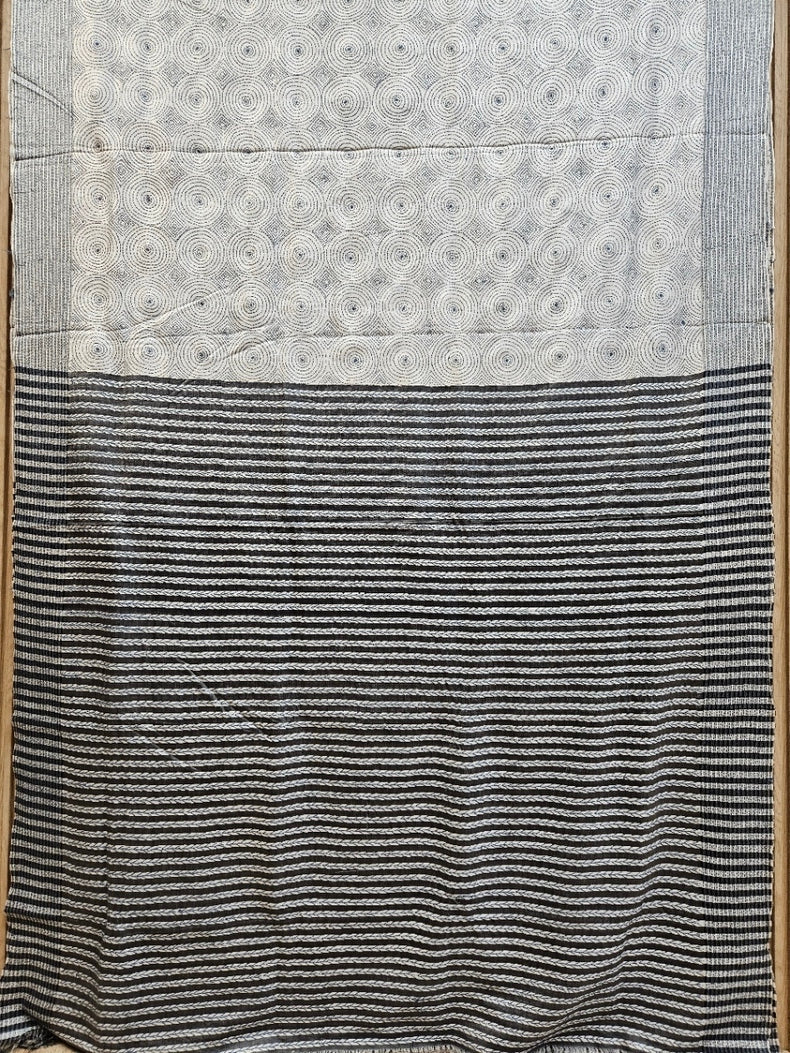 Exquisite White & Grey Pure Katan Silk Saree with Intricate Kantha Stitch by Balaram Saha Balaram Saha