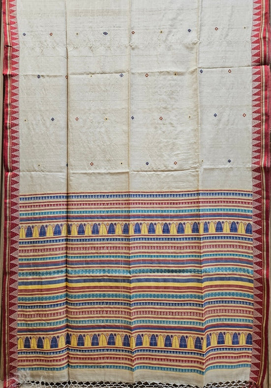 Elegant Tussar Silk Saree with Multicolor Geometric Aanchal & Red Temple Border Balaram Saha