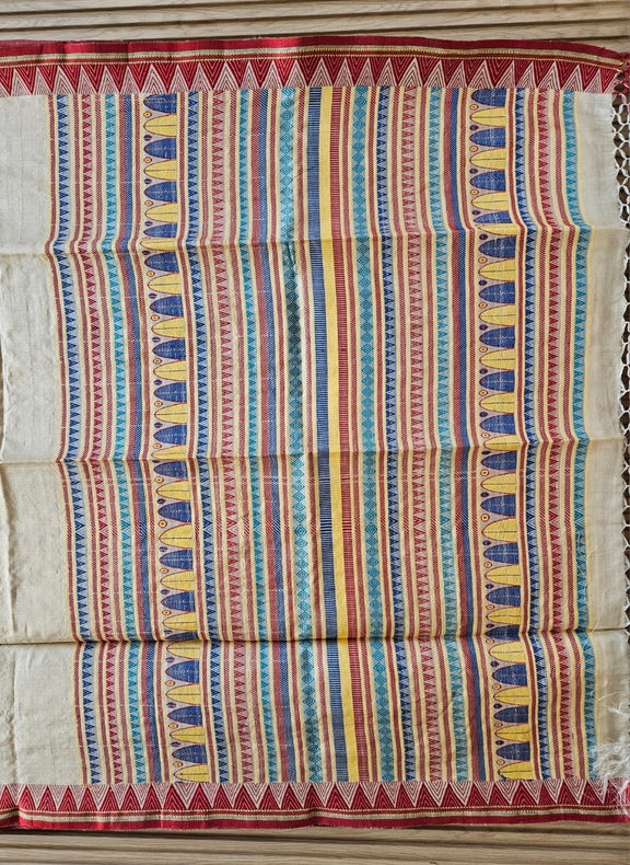 Elegant Tussar Silk Saree with Multicolor Geometric Aanchal & Red Temple Border Balaram Saha