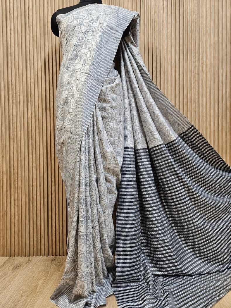 Exquisite White & Grey Pure Katan Silk Saree with Intricate Kantha Stitch by Balaram Saha Balaram Saha
