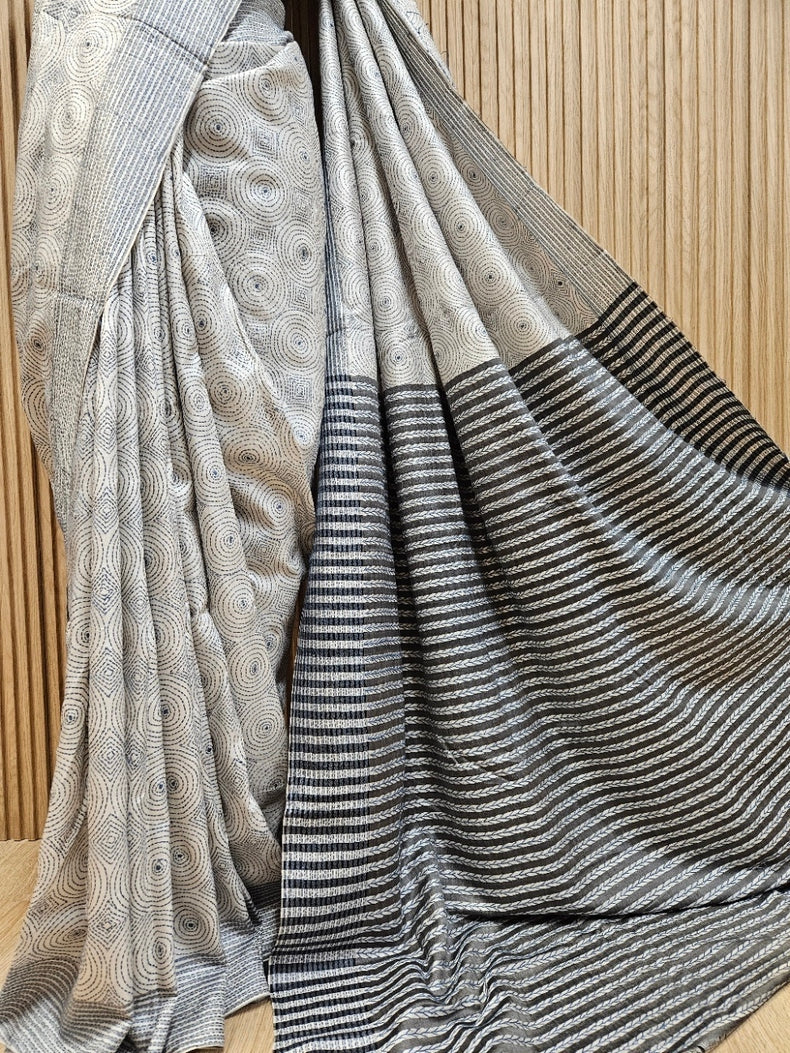 Exquisite White & Grey Pure Katan Silk Saree with Intricate Kantha Stitch by Balaram Saha Balaram Saha
