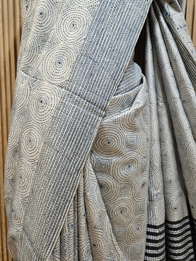 Exquisite White & Grey Pure Katan Silk Saree with Intricate Kantha Stitch by Balaram Saha Balaram Saha