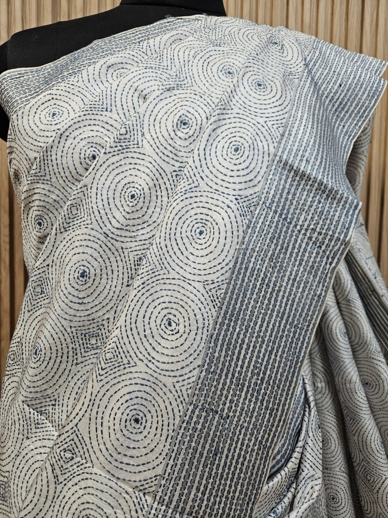 Exquisite White & Grey Pure Katan Silk Saree with Intricate Kantha Stitch by Balaram Saha Balaram Saha