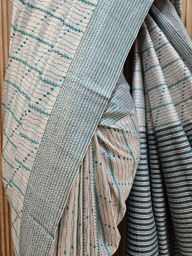 Durga Puja Special: Dhak Dhunochi Handstitch Kantha Silk Saree for Festive Elegance Balaram Saha