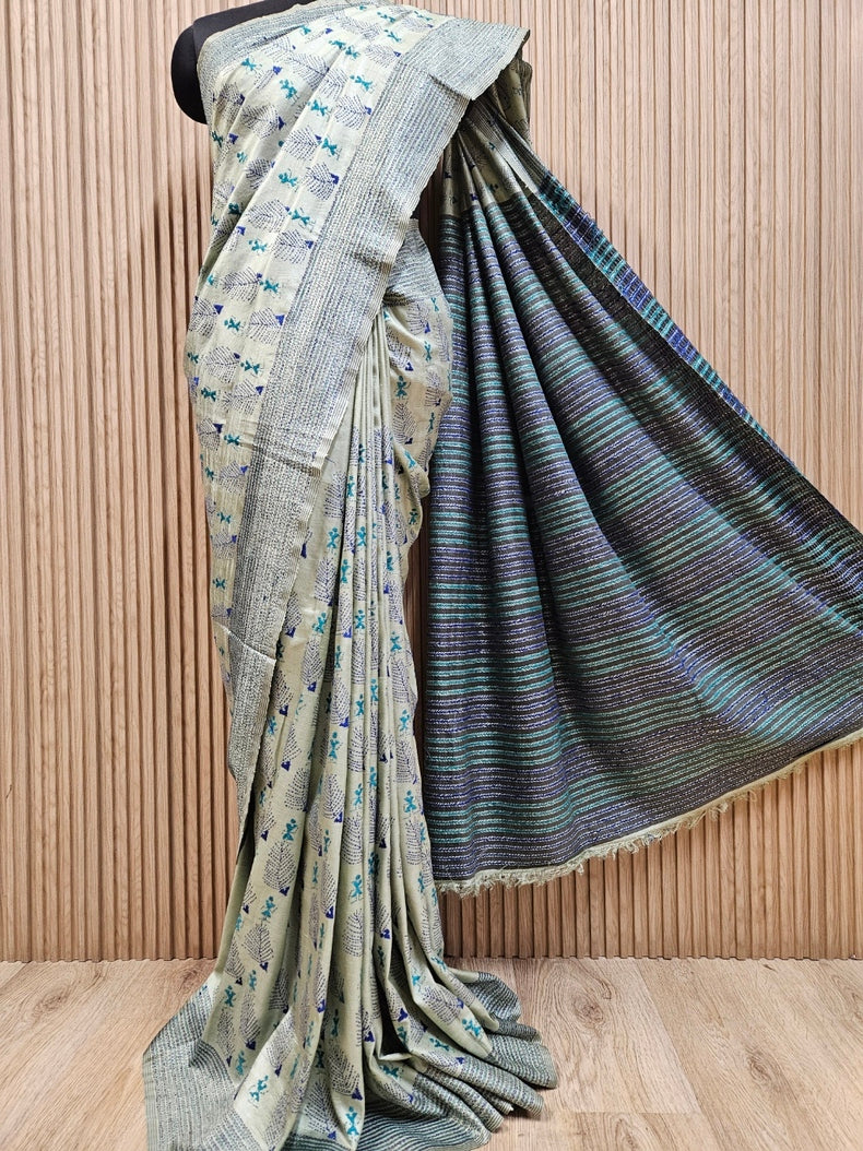 Balaram Saha Beige & Red Elegance: Gachhi Tussar Silk Kantha Saree Balaram Saha