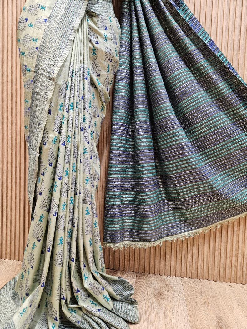 Balaram Saha Beige & Red Elegance: Gachhi Tussar Silk Kantha Saree Balaram Saha