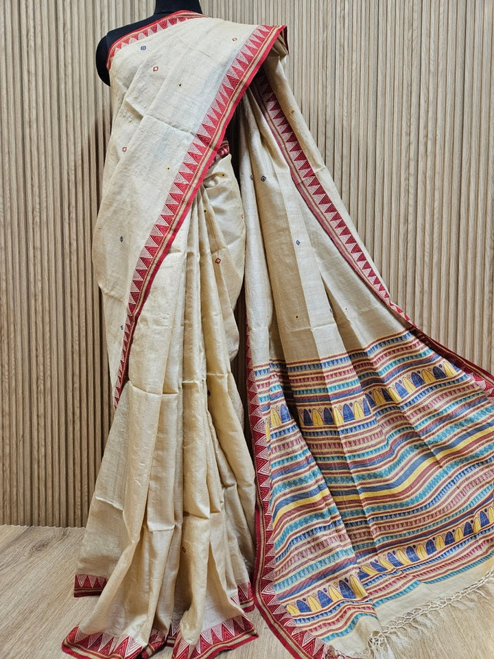 Elegant Tussar Silk Saree with Multicolor Geometric Aanchal & Red Temple Border Balaram Saha