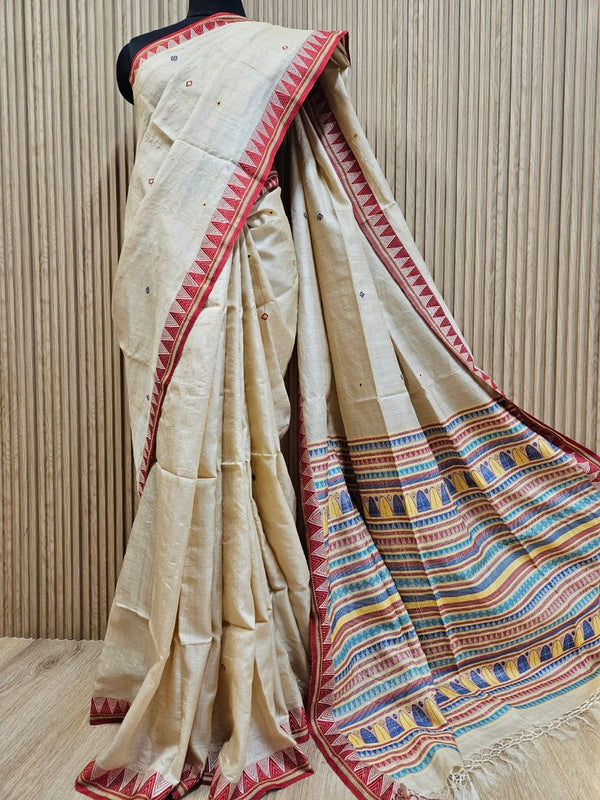 Elegant Tussar Silk Saree with Multicolor Geometric Aanchal & Red Temple Border Balaram Saha
