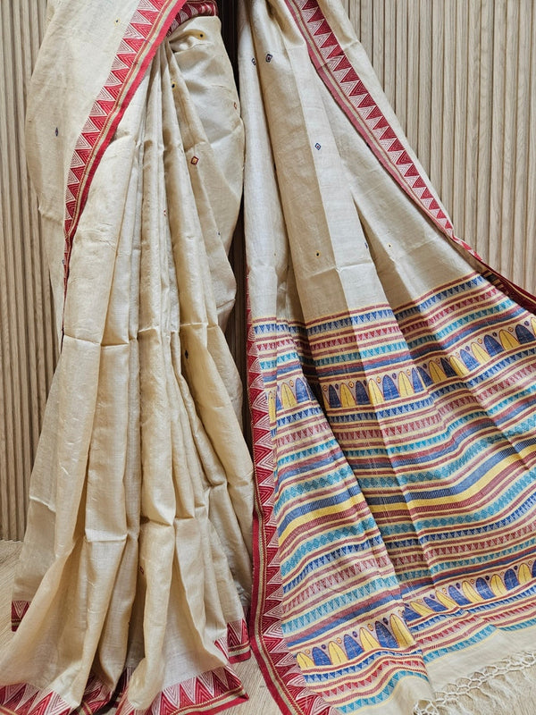 Elegant Tussar Silk Saree with Multicolor Geometric Aanchal & Red Temple Border Balaram Saha