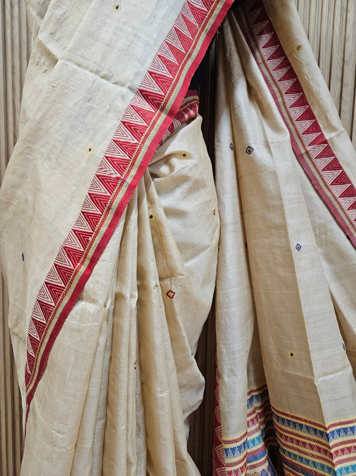 Elegant Tussar Silk Saree with Multicolor Geometric Aanchal & Red Temple Border Balaram Saha