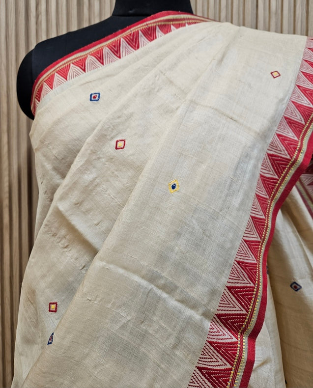 Elegant Tussar Silk Saree with Multicolor Geometric Aanchal & Red Temple Border Balaram Saha