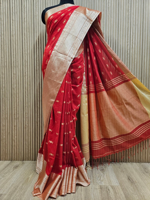 Handloom Red & Beige Soft Cotton Saree With Thread Work Balaram Saha