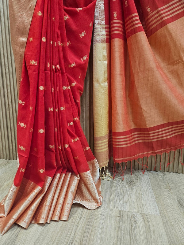 Handloom Red & Beige Soft Cotton Saree With Thread Work Balaram Saha