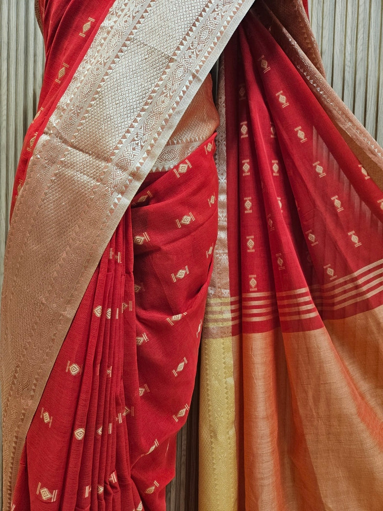 Handloom Red & Beige Soft Cotton Saree With Thread Work Balaram Saha