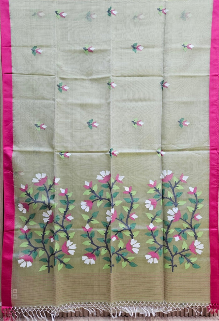 Green & Magenta Handwoven Pure Muslin Silk Jamdfani Saree Balaram Saha