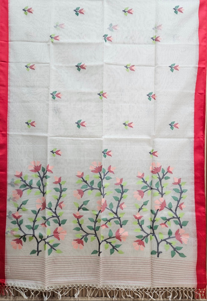 Off-White & Red Handwoven Pure Muslin Silk Jamdani Saree Balaram Saha