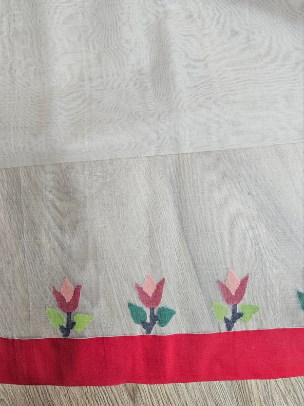 Off-White & Red Handwoven Pure Muslin Silk Jamdani Saree Balaram Saha