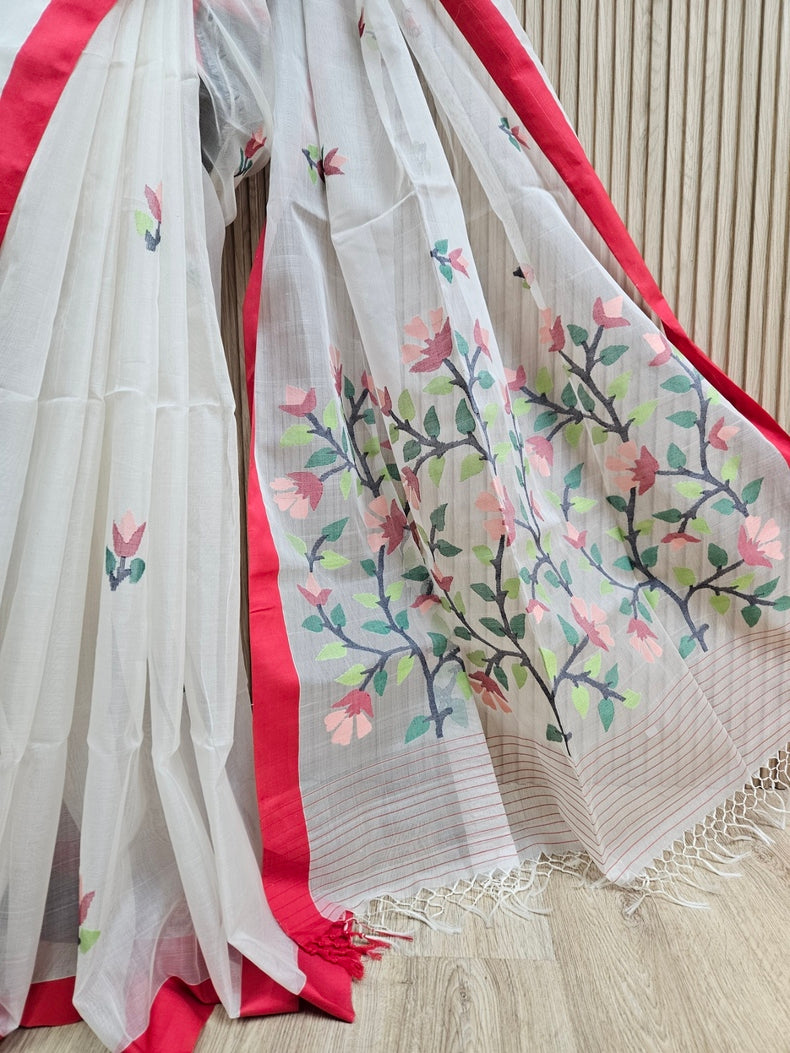 Off-White & Red Handwoven Pure Muslin Silk Jamdani Saree Balaram Saha