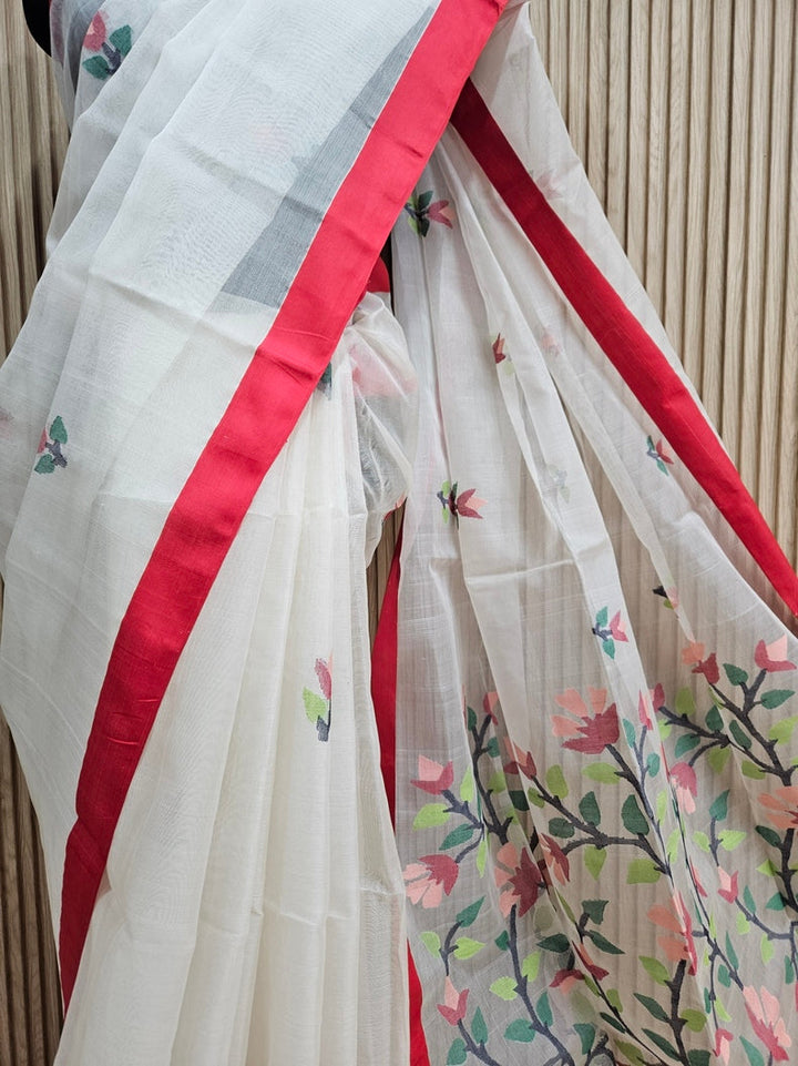 Off-White & Red Handwoven Pure Muslin Silk Jamdani Saree Balaram Saha
