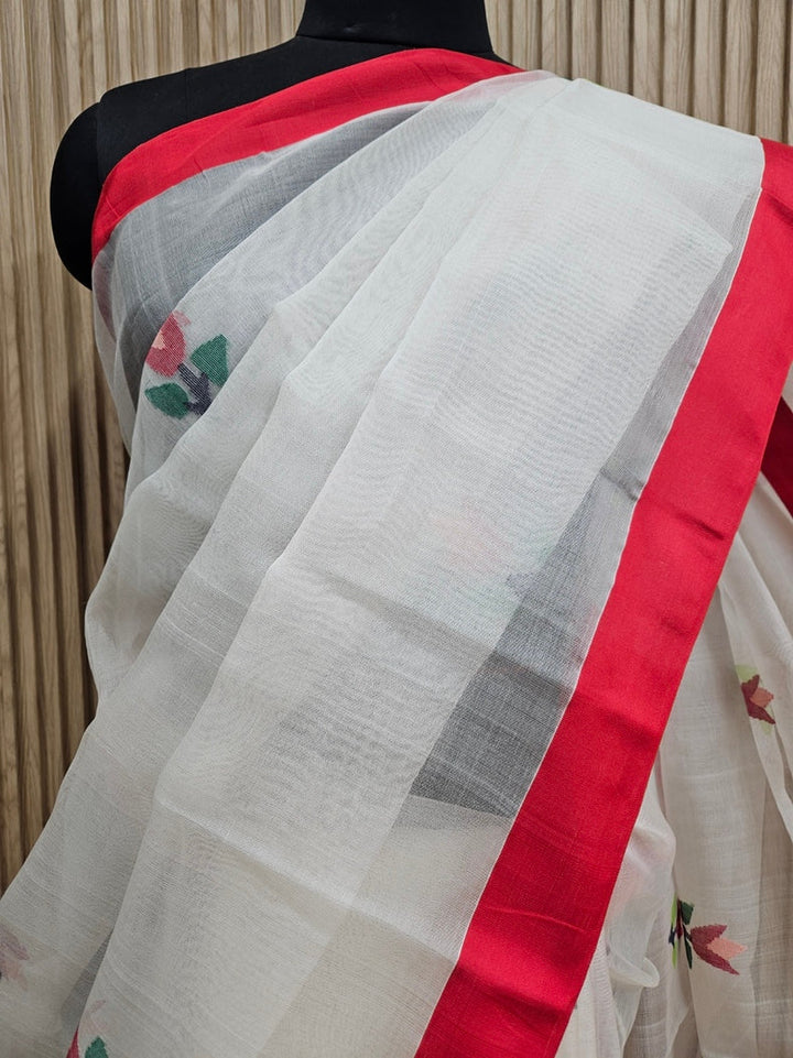 Off-White & Red Handwoven Pure Muslin Silk Jamdani Saree Balaram Saha