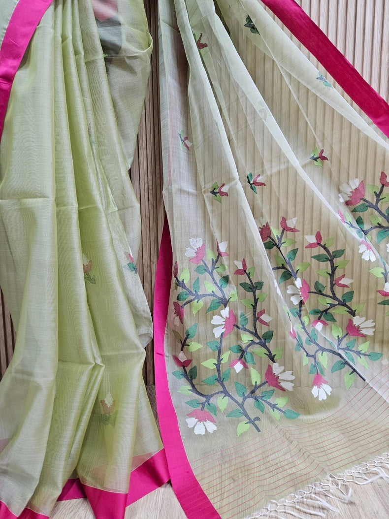 Green & Magenta Handwoven Pure Muslin Silk Jamdfani Saree Balaram Saha