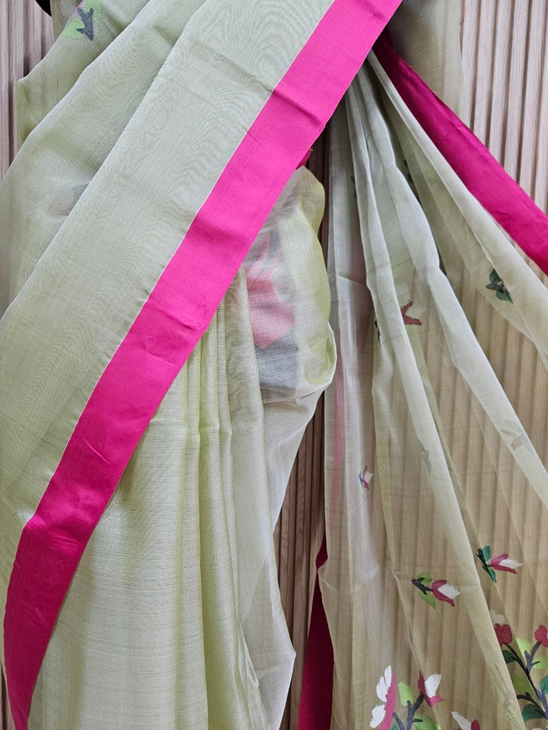 Green & Magenta Handwoven Pure Muslin Silk Jamdfani Saree Balaram Saha