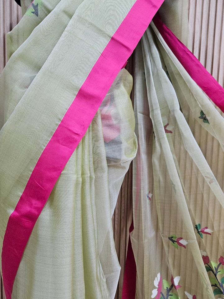 Green & Magenta Handwoven Pure Muslin Silk Jamdfani Saree Balaram Saha