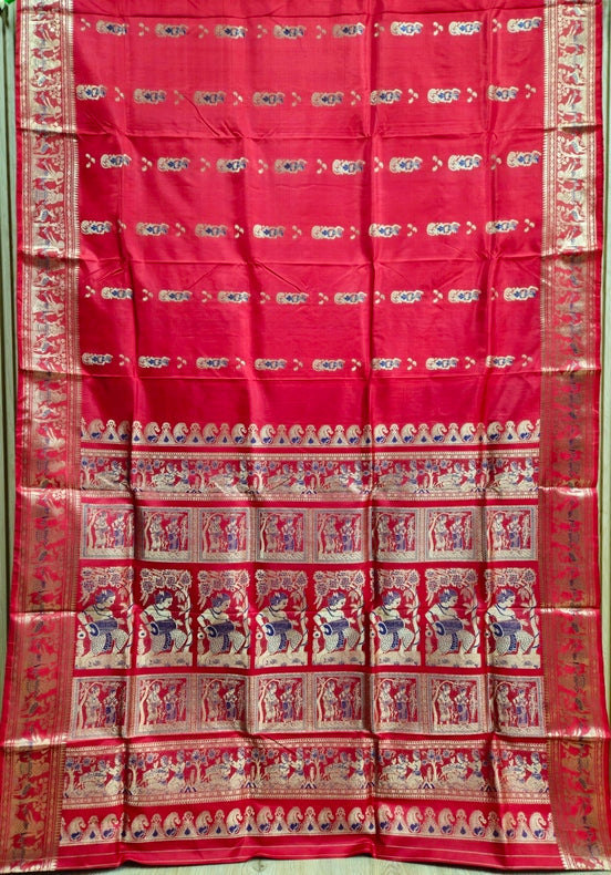 Reddish Maroon & Gold Zari Handloom Pure Katan Silk Baluchuri Saree Balaram Saha