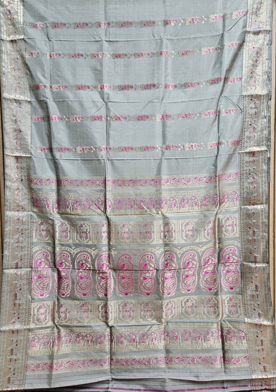 Grey & Silver Zari Handloom Pure Katan Silk Baluchuri Saree Balaram Saha