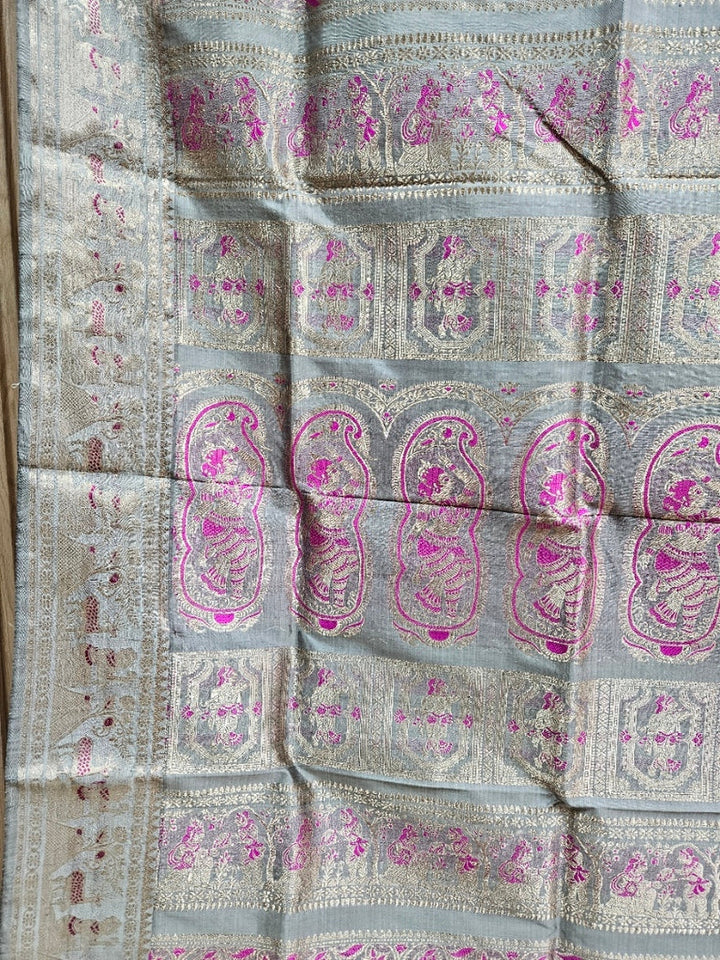 Grey & Silver Zari Handloom Pure Katan Silk Baluchuri Saree Balaram Saha