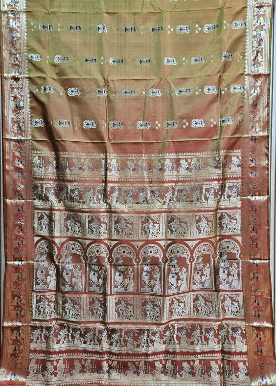 Rust & Gold Zari Handloom Pure Katan Silk Baluchuri Saree Balaram Saha