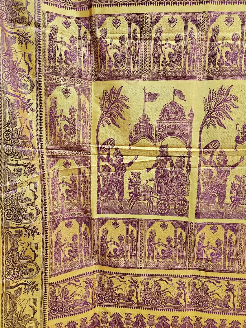Mustard & maroon Handloom Pure Katan Silk Baluchuri Saree Balaram Saha