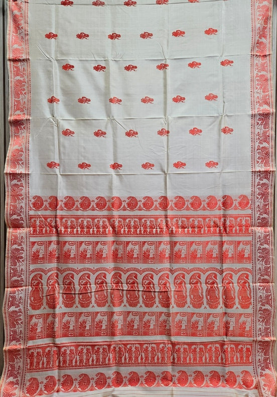 Beige & Orange Handloom Pure Katan Silk Baluchuri Saree Balaram Saha