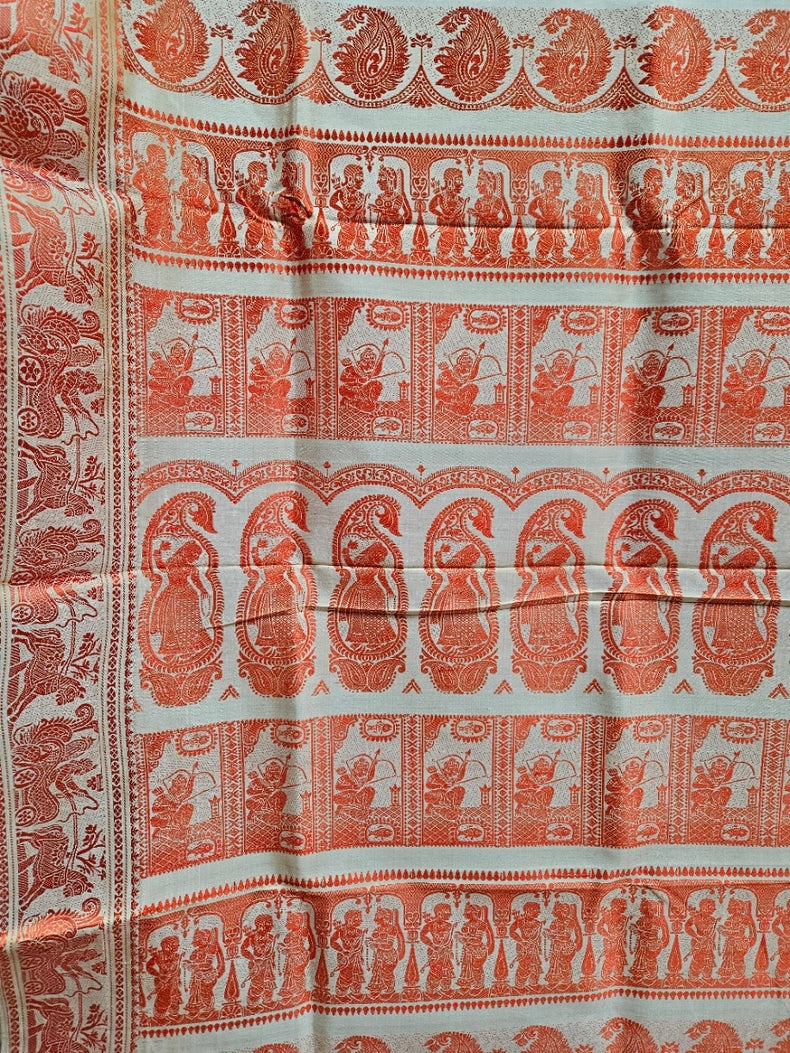 Beige & Orange Handloom Pure Katan Silk Baluchuri Saree Balaram Saha