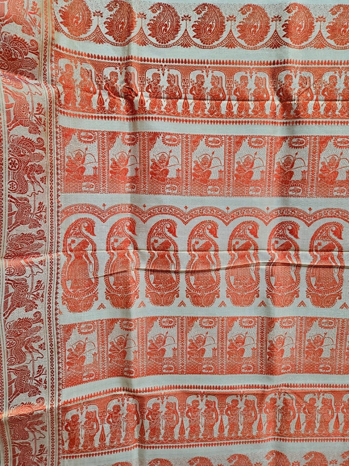 Beige & Orange Handloom Pure Katan Silk Baluchuri Saree Balaram Saha